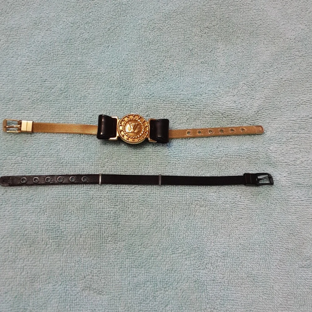 Versace-Inspired Black Leather Bracelet with Gold Medallion & Gold Mesh Strap